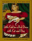 Little Girl in a Red Dress with Cat and Dog